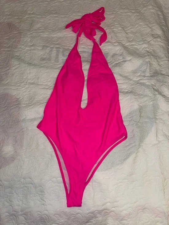 Hot Pink Halter One-Piece Swimsuit - Deep V - Size Large - Picture 2 of 5